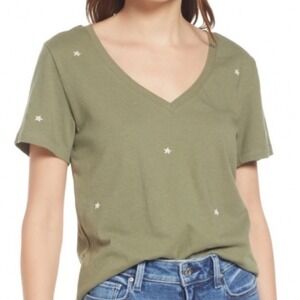 Rails Star Embroidered V-Neck T-Shirt Olive Green Size M Slub Jersey Tee